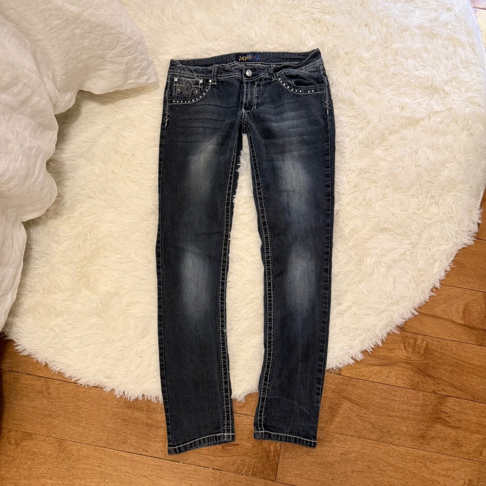 Angels Y2K McBling Rhinestone Skinny Jeans Dark Wash Contrast Stitch Size 13